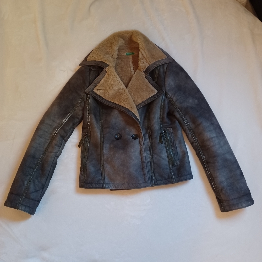 Dark olive green warm fall winter jacket faux fur lined suede vegan outside